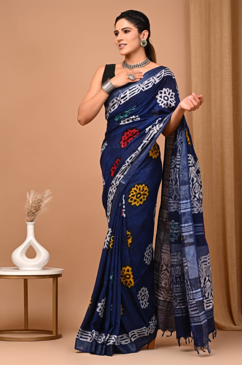 Hand Block Printed Linen Saree with Blouse